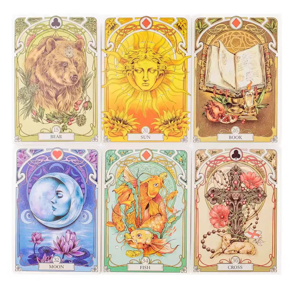 Romantic Lenormand Oracle Cards 10.2*7.2Cm English Vision Art Nouveau Floral Motifs 37 Pcs Deck 4*2.8Inch for Party, Board Games