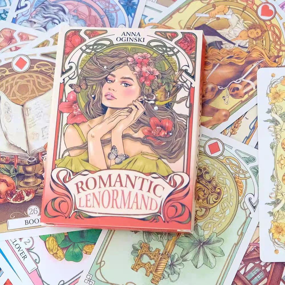 Romantic Lenormand Oracle Cards 10.2*7.2Cm English Vision Art Nouveau Floral Motifs 37 Pcs Deck 4*2.8Inch for Party, Board Games